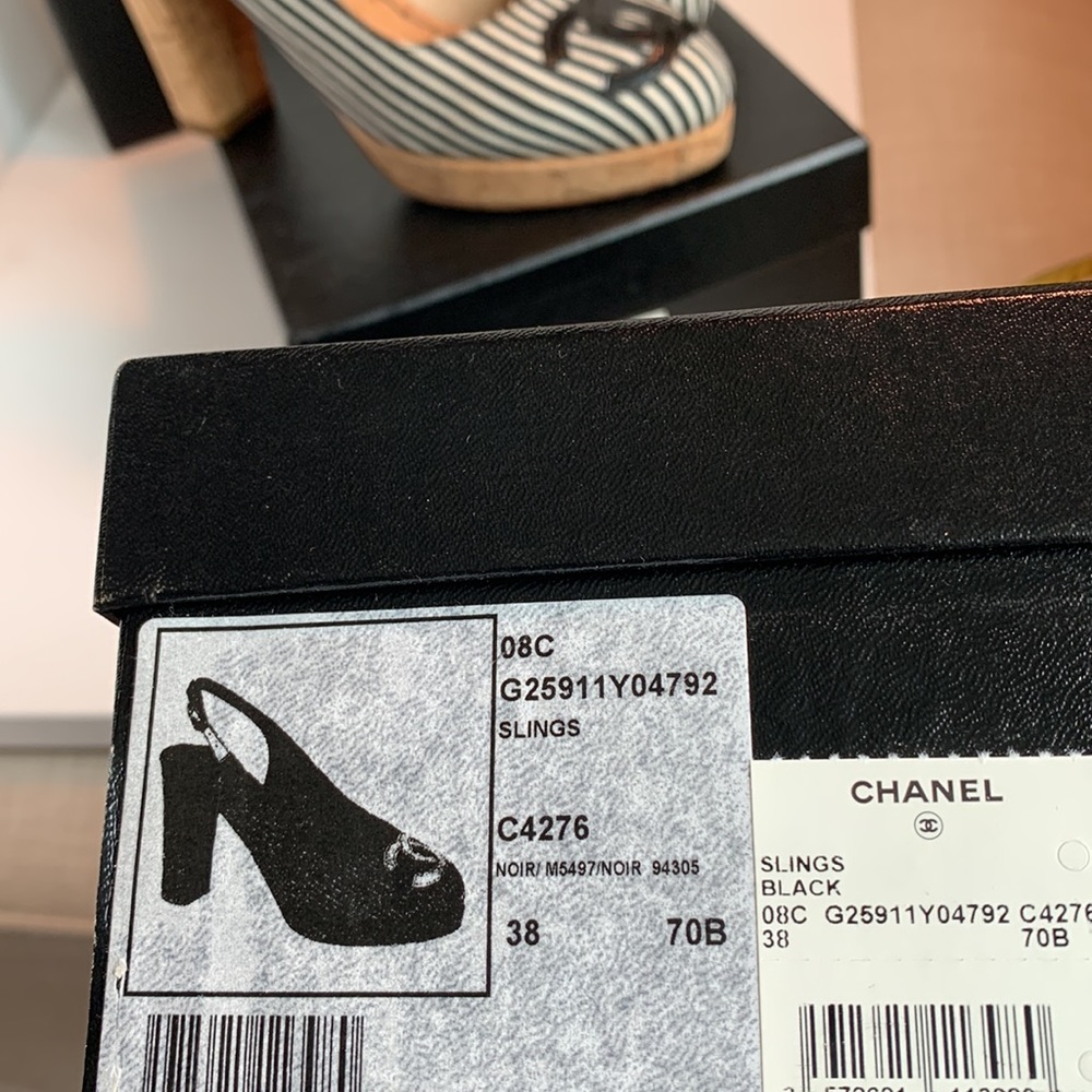 CHANEL 🖤 Black White Stripe Patent CC Logo Cork Canvas Slingback Platform Heel - Picture 14 of 16